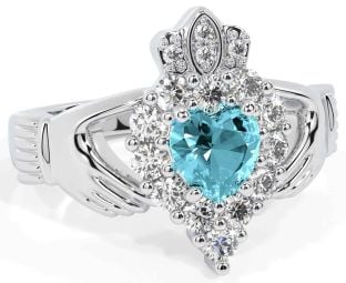 Diamond Aquamarine White Gold Claddagh Ring