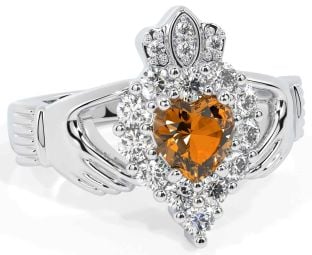 Diamond Citrine White Gold Claddagh Ring