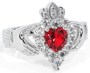 Diamond Ruby White Gold Claddagh Ring