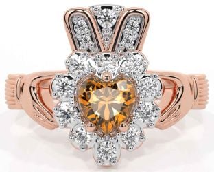 Diamond Citrine Rose Gold Silver Claddagh Ring