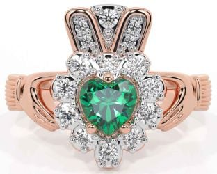 Diamond Emerald Rose Gold Silver Claddagh Ring