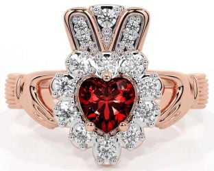 Diamond Garnet Rose Gold Silver Claddagh Ring