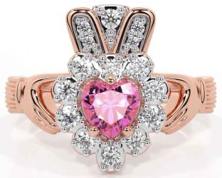 Diamond Pink Tourmaline Rose Gold Silver Claddagh Ring