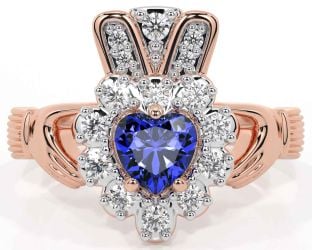 Diamond Sapphire Rose Gold Silver Claddagh Ring