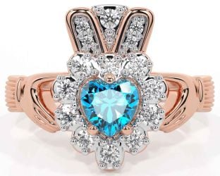 Diamond Topaz Rose Gold Silver Claddagh Ring