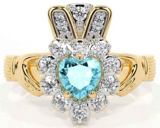 Diamond Aquamarine Gold Silver Claddagh Ring