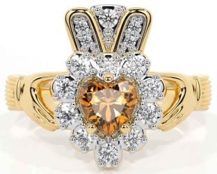 Diamond Citrine Gold Silver Claddagh Ring