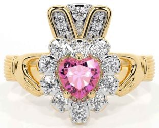 Diamond Pink Tourmaline Gold Silver Claddagh Ring