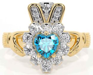 Diamond Topaz Gold Silver Claddagh Ring