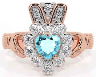 Diamond Aquamarine Rose Gold Claddagh Ring