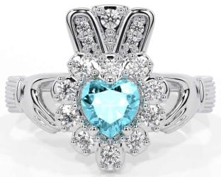 Diamond Aquamarine Silver Claddagh Ring