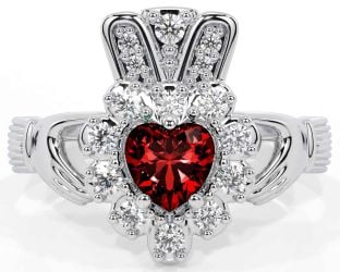 Diamond Garnet Silver Claddagh Ring