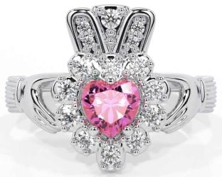 Diamond Pink Tourmaline Silver Claddagh Ring