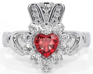 Diamond Ruby Silver Claddagh Ring