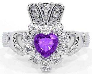 Diamond Amethyst White Gold Claddagh Ring