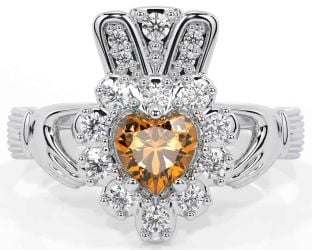 Diamond Citrine White Gold Claddagh Ring