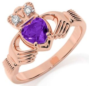 Diamond Amethyst Rose Gold Silver Claddagh Ring