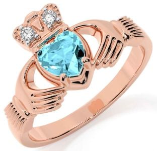 Diamond Aquamarine Rose Gold Silver Claddagh Ring