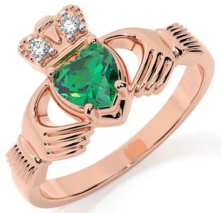 Diamond Emerald Rose Gold Silver Claddagh Ring