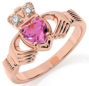 Diamond Pink Tourmaline Rose Gold Silver Claddagh Ring