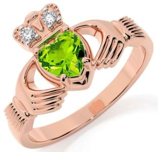 Diamond Peridot Rose Gold Silver Claddagh Ring