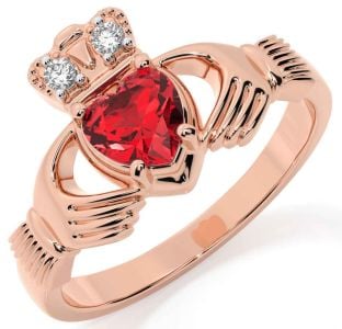 Diamond Ruby Rose Gold Silver Claddagh Ring