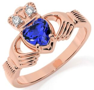 Diamond Sapphire Rose Gold Silver Claddagh Ring