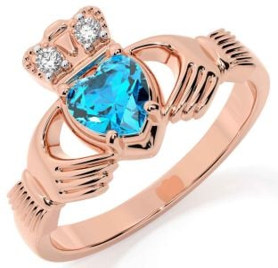 Diamond Topaz Rose Gold Silver Claddagh Ring