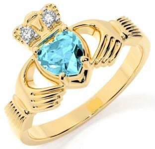 Diamond Aquamarine Gold Silver Claddagh Ring