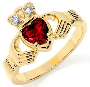 Diamond Garnet Gold Silver Claddagh Ring