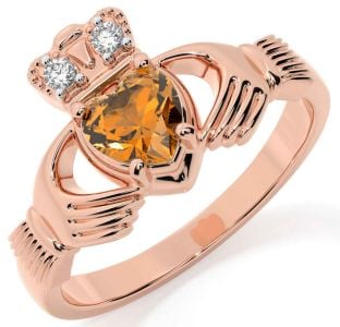 Diamond Citrine Rose Gold Claddagh Ring