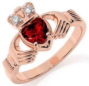 Diamond Garnet Rose Gold Claddagh Ring