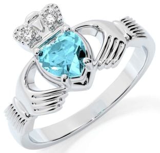 Diamond Aquamarine Silver Claddagh Ring