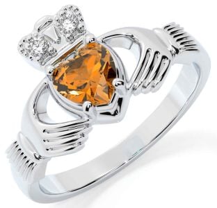 Diamond Citrine Silver Claddagh Ring