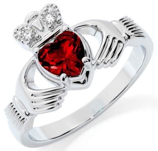 Diamond Garnet Silver Claddagh Ring