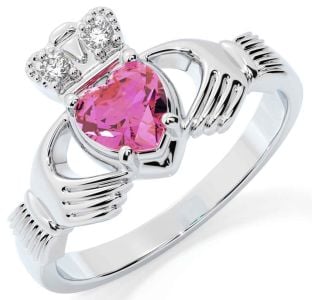 Diamond Pink Tourmaline Silver Claddagh Ring