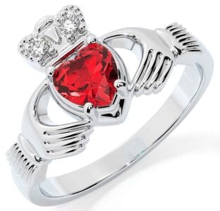 Diamond Ruby Silver Claddagh Ring