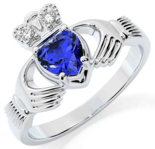 Diamond Sapphire Silver Claddagh Ring