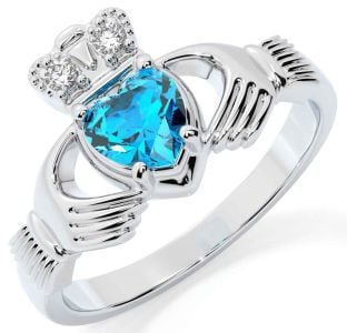 Diamond Topaz Silver Claddagh Ring