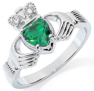 Diamond Emerald White Gold Claddagh Ring