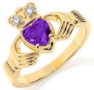 Diamond Amethyst Gold Claddagh Ring