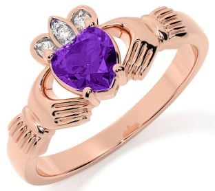 Diamond Amethyst Rose Gold Silver Claddagh Ring