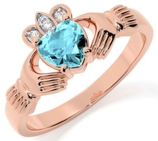 Diamond Aquamarine Rose Gold Silver Claddagh Ring