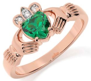 Diamond Emerald Rose Gold Silver Claddagh Ring