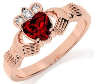 Diamond Garnet Rose Gold Silver Claddagh Ring