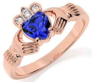 Diamond Sapphire Rose Gold Silver Claddagh Ring