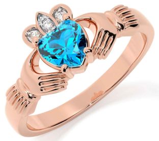 Diamond Topaz Rose Gold Silver Claddagh Ring