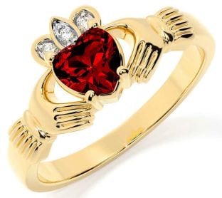 Diamond Garnet Gold Silver Claddagh Ring