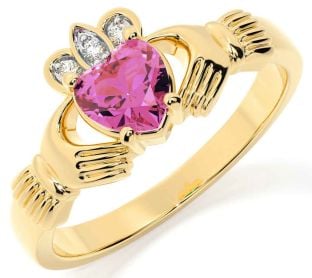 Diamond Pink Tourmaline Gold Silver Claddagh Ring