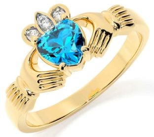 Diamond Topaz Gold Silver Claddagh Ring